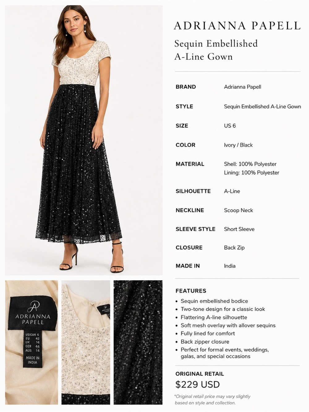Adrianna Papell Ivory & Black Sequin A-Line Maxi Dress